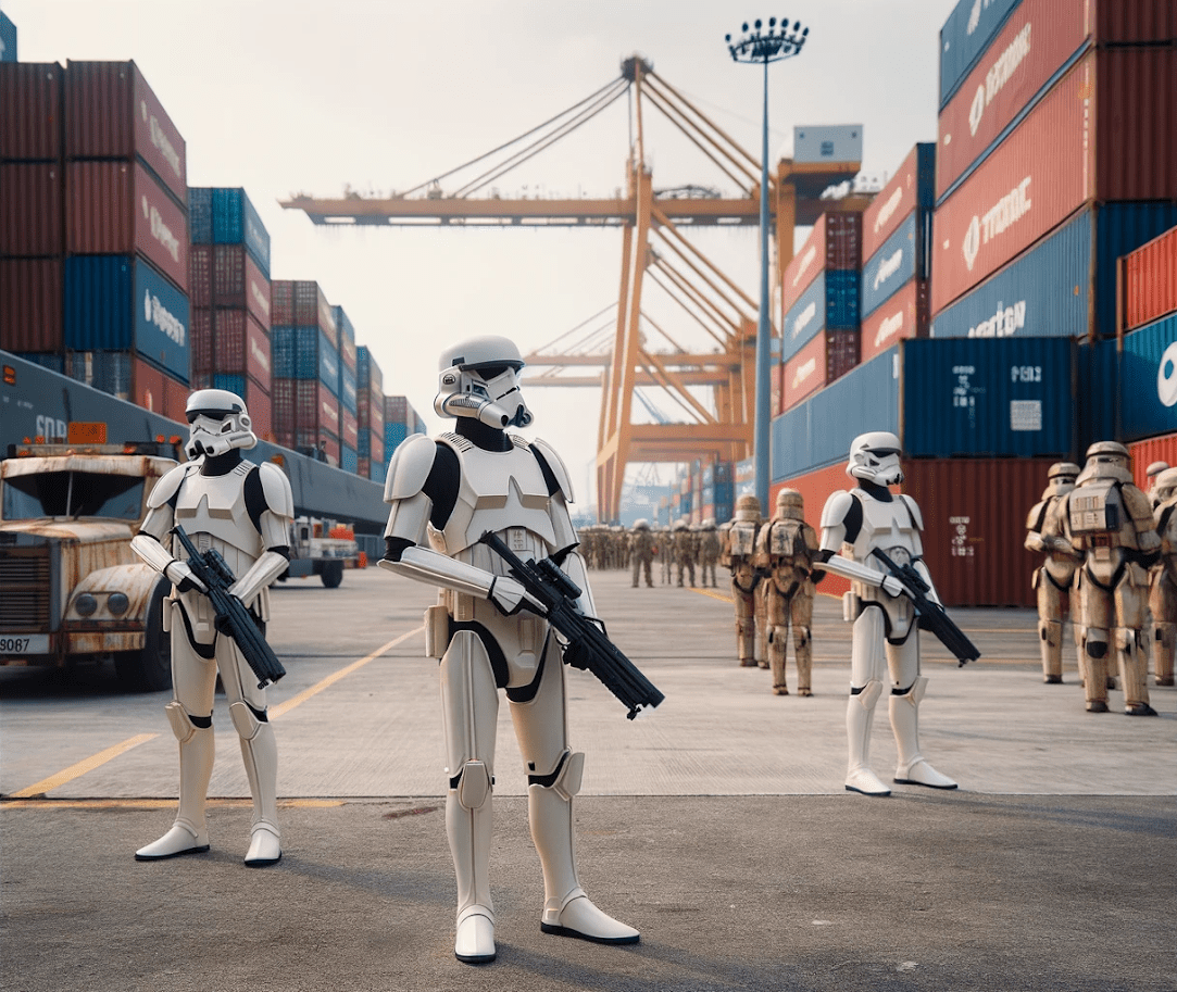 Stormtrooper-esque security standing guard in a shipyard