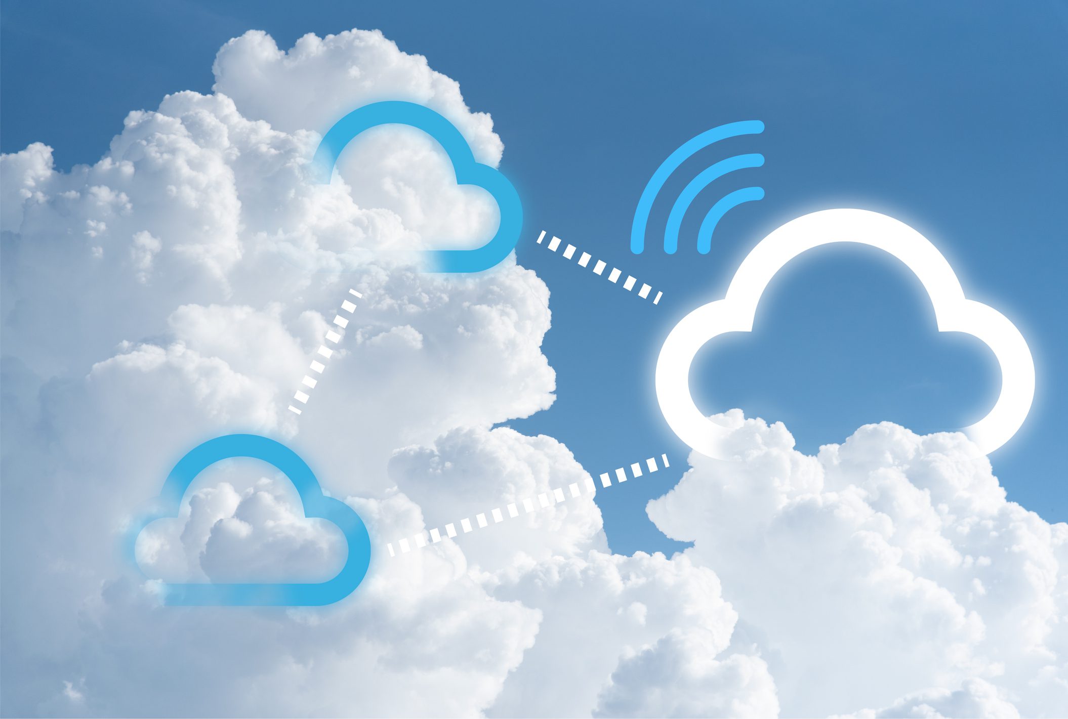 An image of real clouds in a blue sky with 3 vector drawings depicting cloud computing connectivity